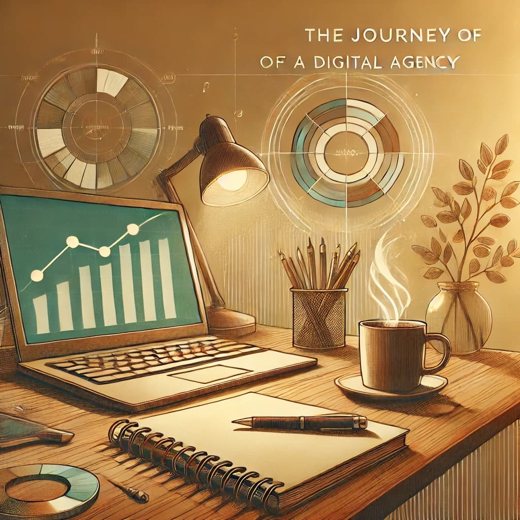 Bureau créatif avec ordinateur, carnet et tasse de café, illustrant les débuts d'une agence digitale spécialisée en création de sites et transformation numérique